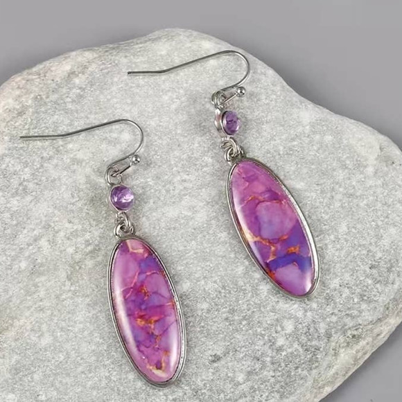 Purple Faux Turquoise Oval ‎ Dangle Earrings Alloy Silver Plated - Picture 4 of 7
